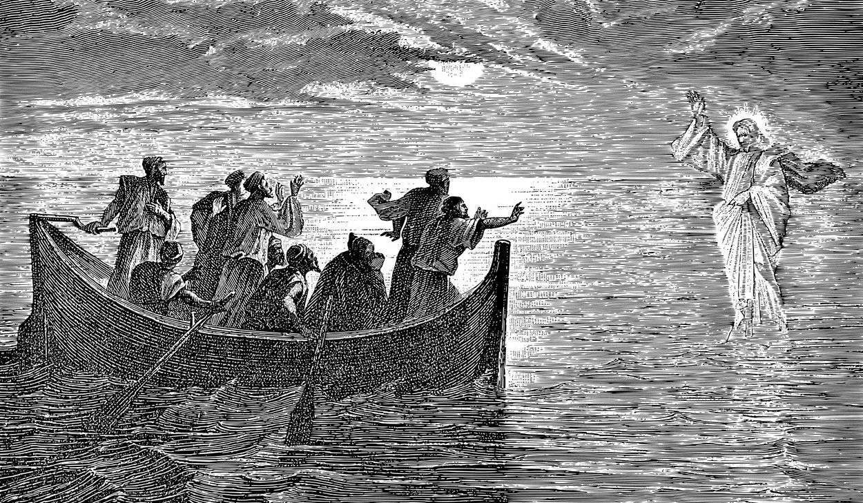 Barco con personas en mar, Jesús caminando sobre el agua, símbolo de fe y milagros en la religión cristiana.