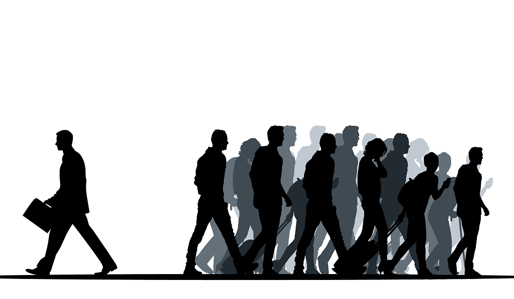Sobre hombres caminando con maletas y sombrero, formando una fila con diferentes tonos de sombra.
