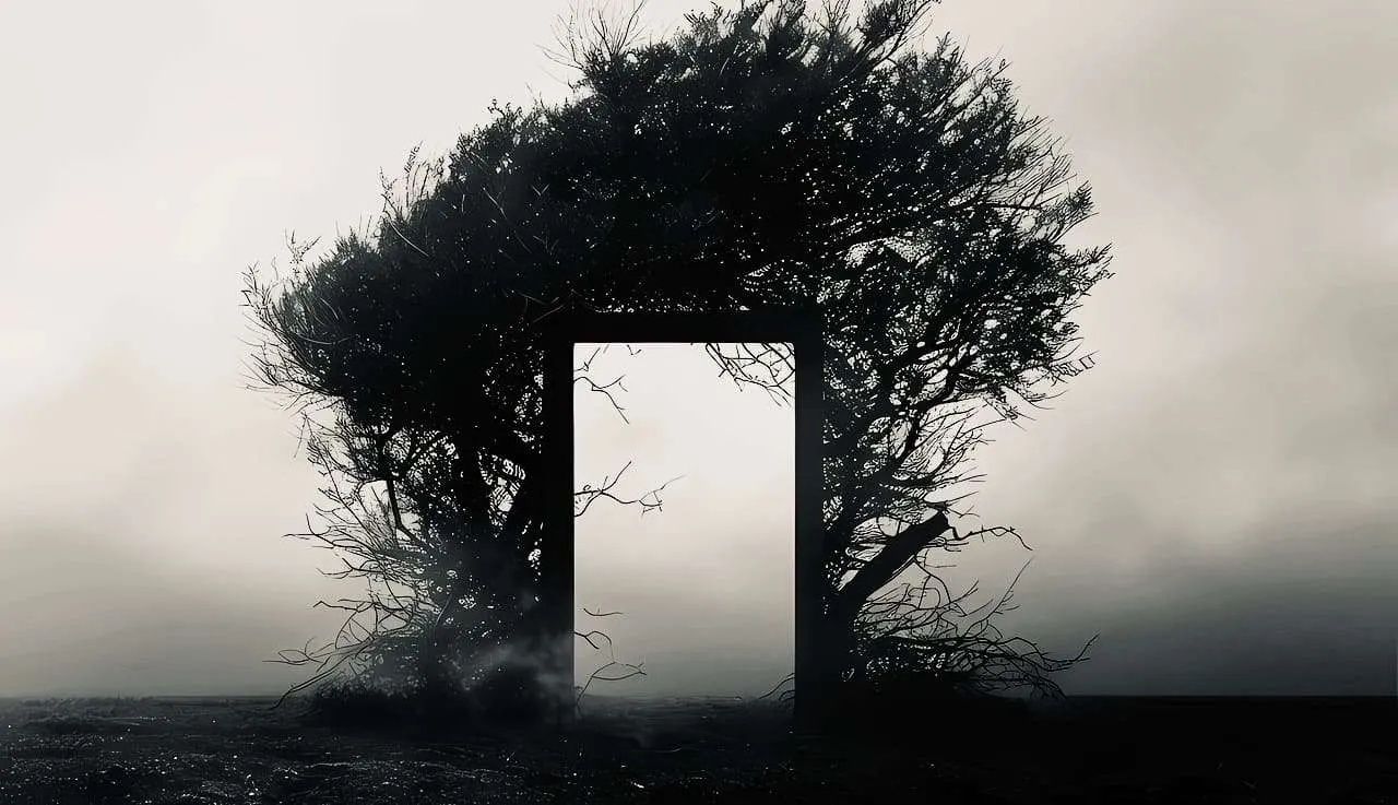 Puerta rodeada de árboles en un paisaje árido y nublado, simbolizando el pensamiento filosófico y la búsqueda del conocimiento.