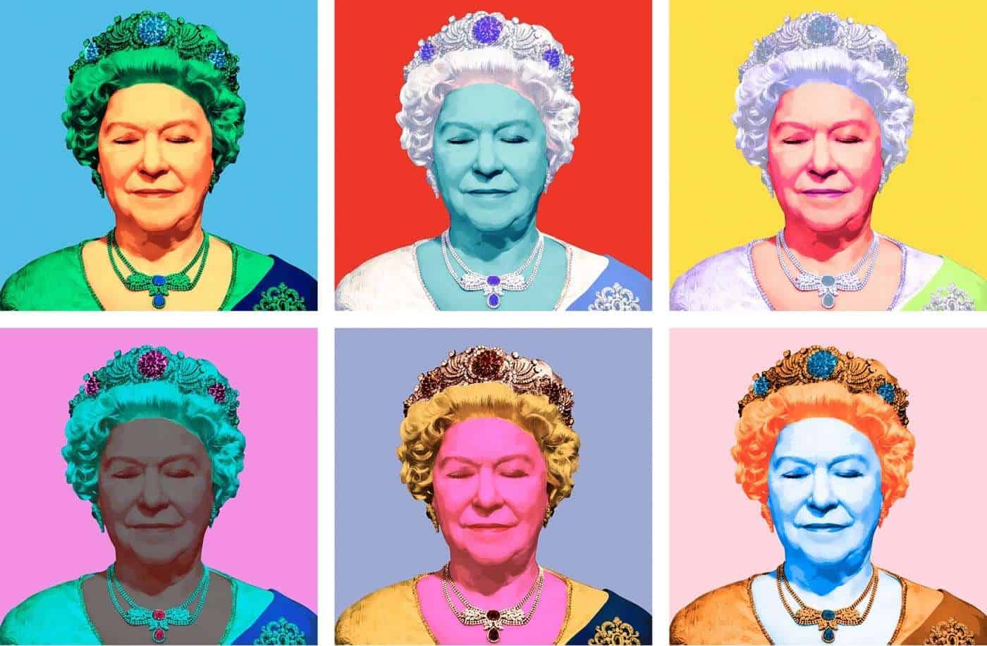 Mujer mayor con joyas y peinado elaborado en estilo pop art, retrato en colores vibrantes, homenaje a la Reina Isabel II, arte digital contemporáneo.