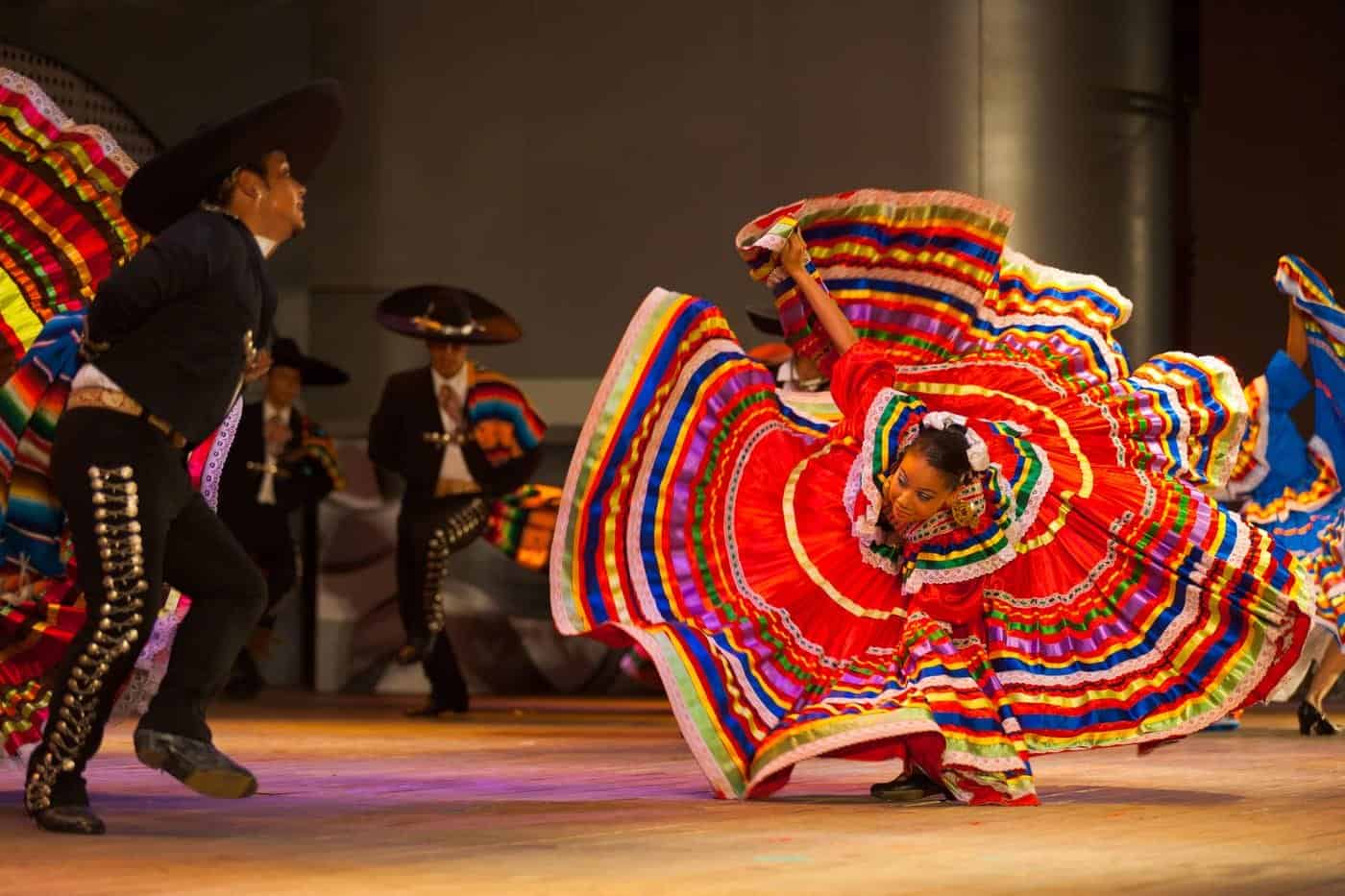 Coloridos trajes tradicionales de la danza folklórica mexicana en escena.
