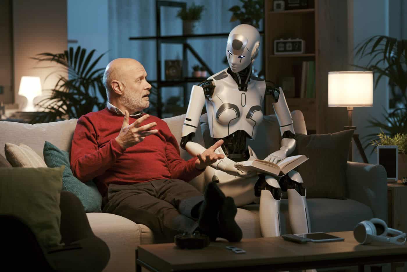 Humano y robot conversando en un salón moderno, reflexionando sobre la inteligencia artificial y la filosofía moderna.