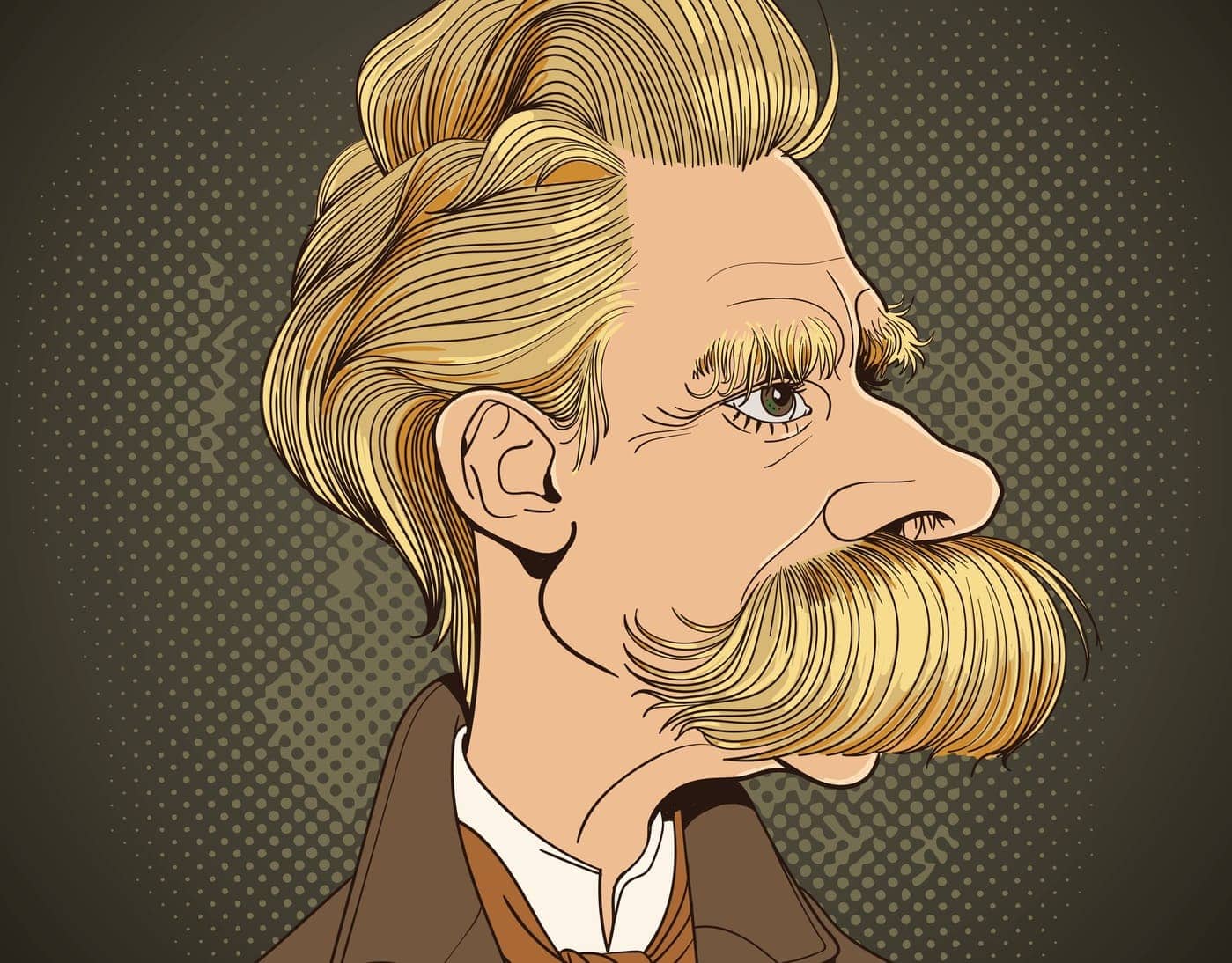 Reflexión filosófica sobre figura de pensador con bigote y cabello al viento.