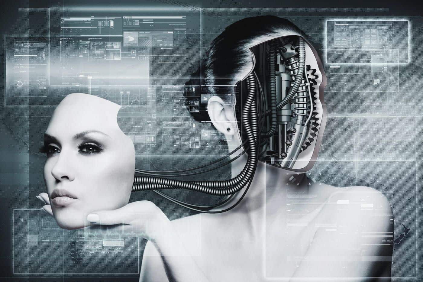 Procesadora de inteligencia artificial fusionando una mujer humana y un robot, ilustración futurista.