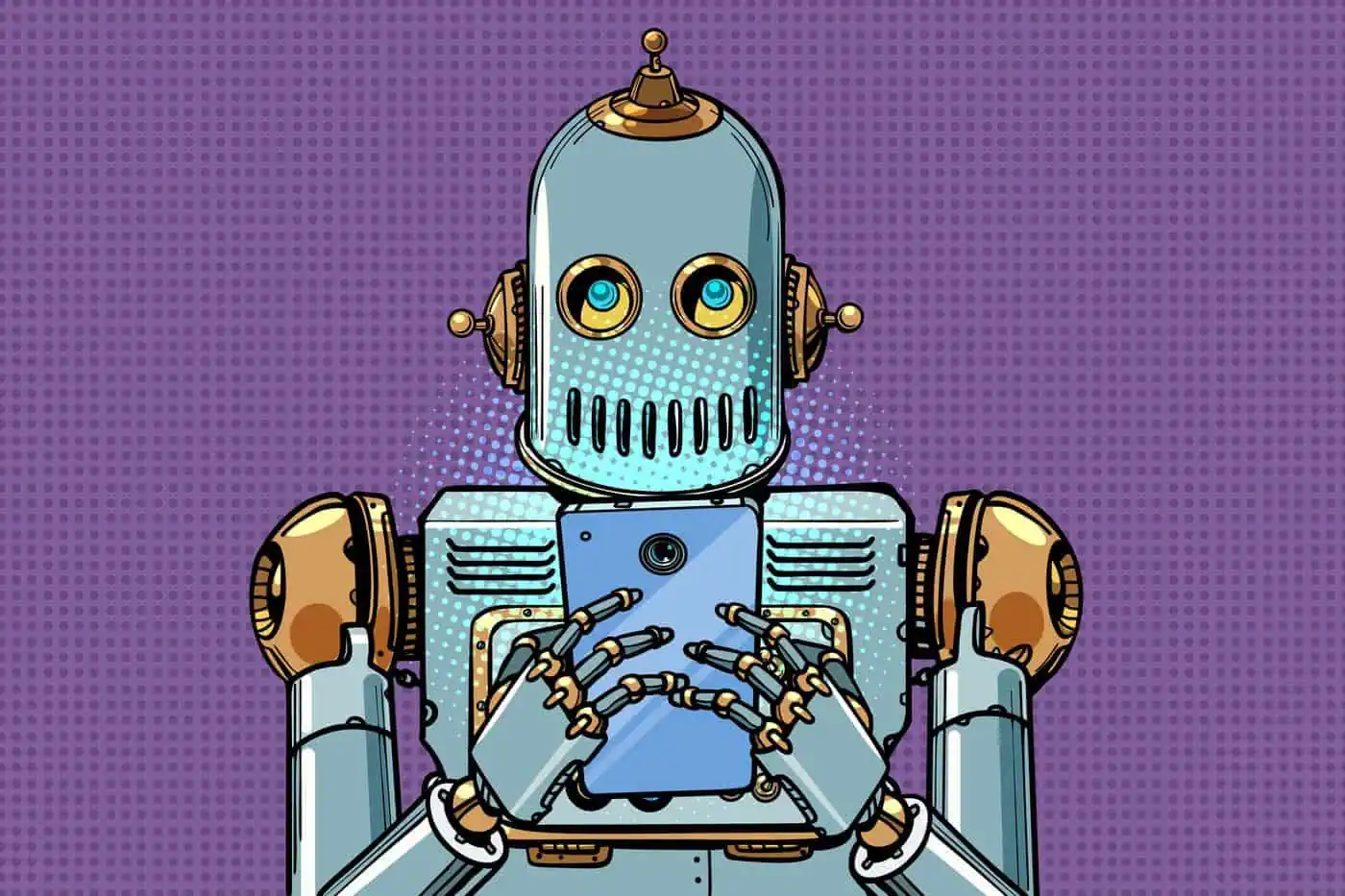 Robot con pantalla en forma de cara y brazos articulados sostiene un teléfono móvil, ilustración digital de inteligencia artificial y tecnología.