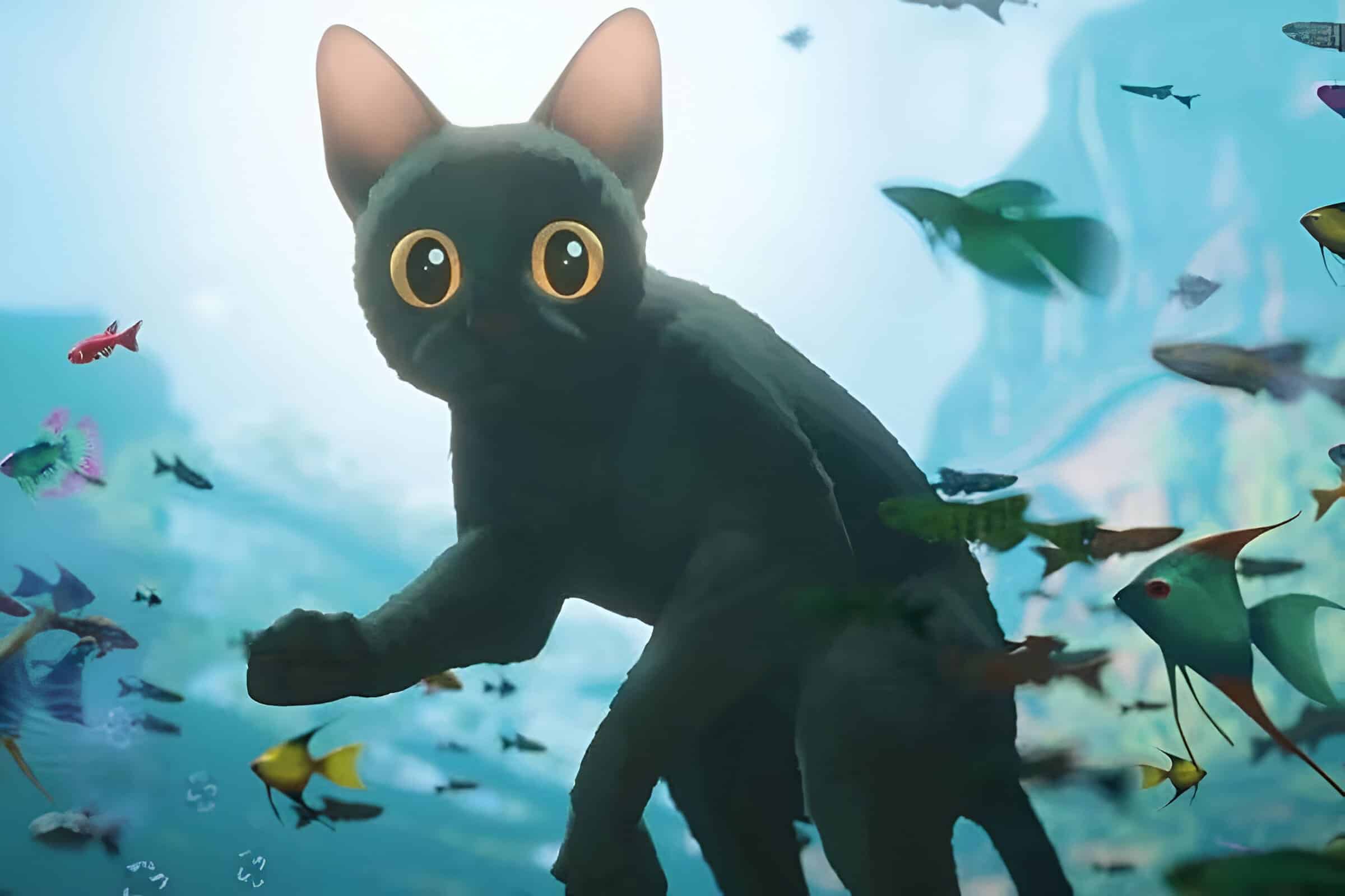 Gato con ojos grandes en un mundo submarino lleno de peces de colores.