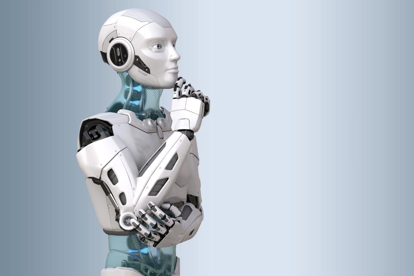 Robot humanoide en postura pensativa con fondo azul claro.