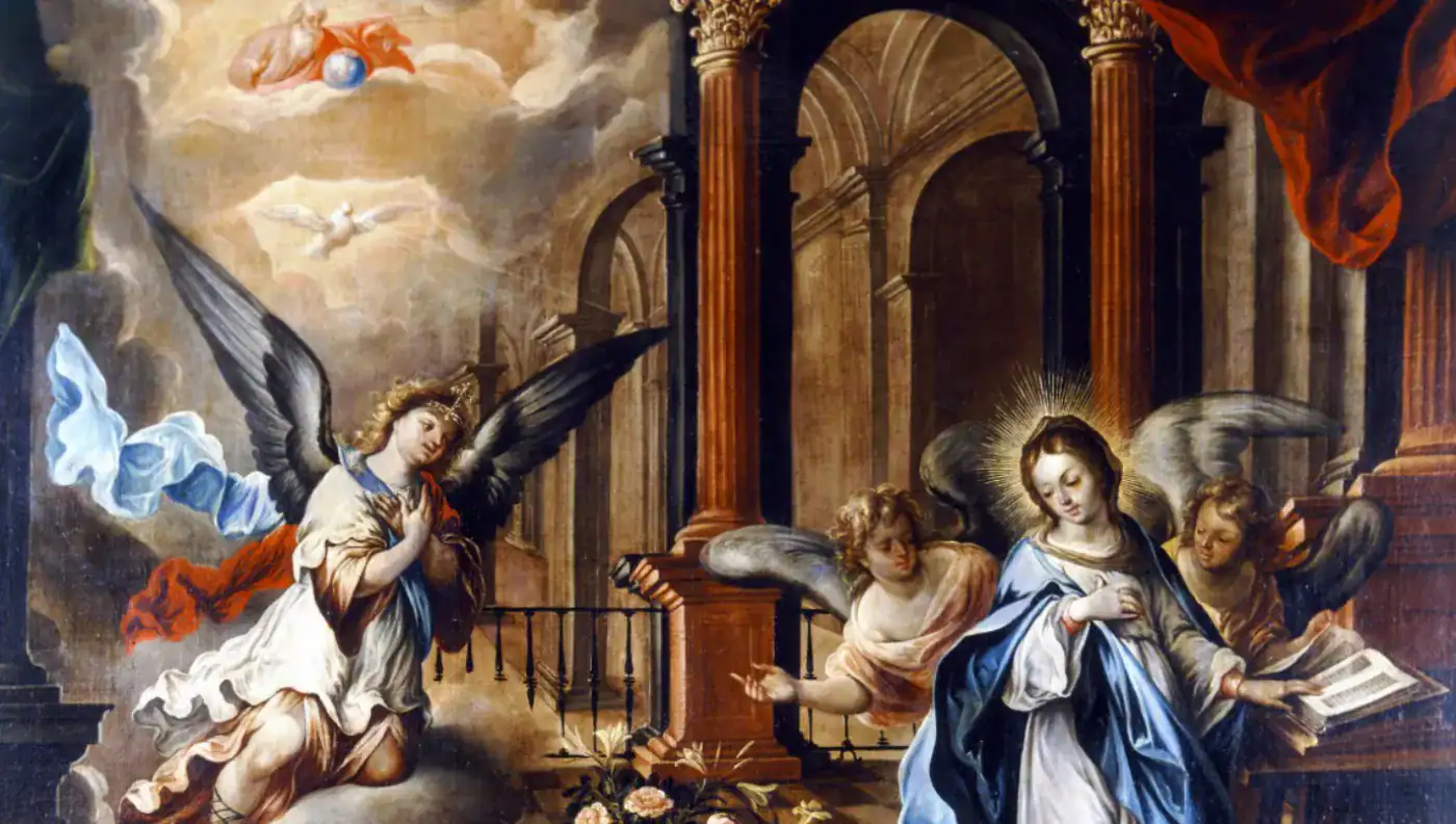 Aurora, ángel y figura central en una pintura barroca, rodeada de columnas y nubes celestiales, representa un momento espiritual y divino.