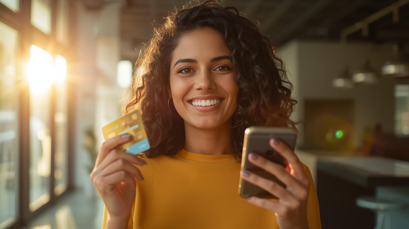 Mulher brasileira segurando um cartão de crédito e verificando o celular com notificação de cashback, com o texto “Cartões de Crédito 2025 — Cashback e Benefícios Atualizados”, representando os benefícios modernos dos cartões de crédito no Brasil.