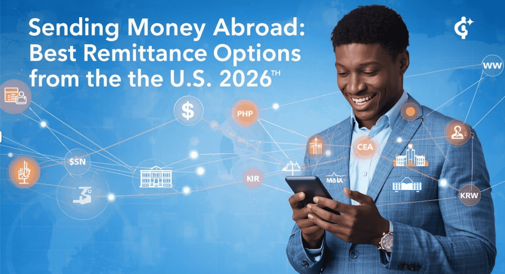 digital banner showing a person sending money abroad via smartphone with global currency symbols and world map background
