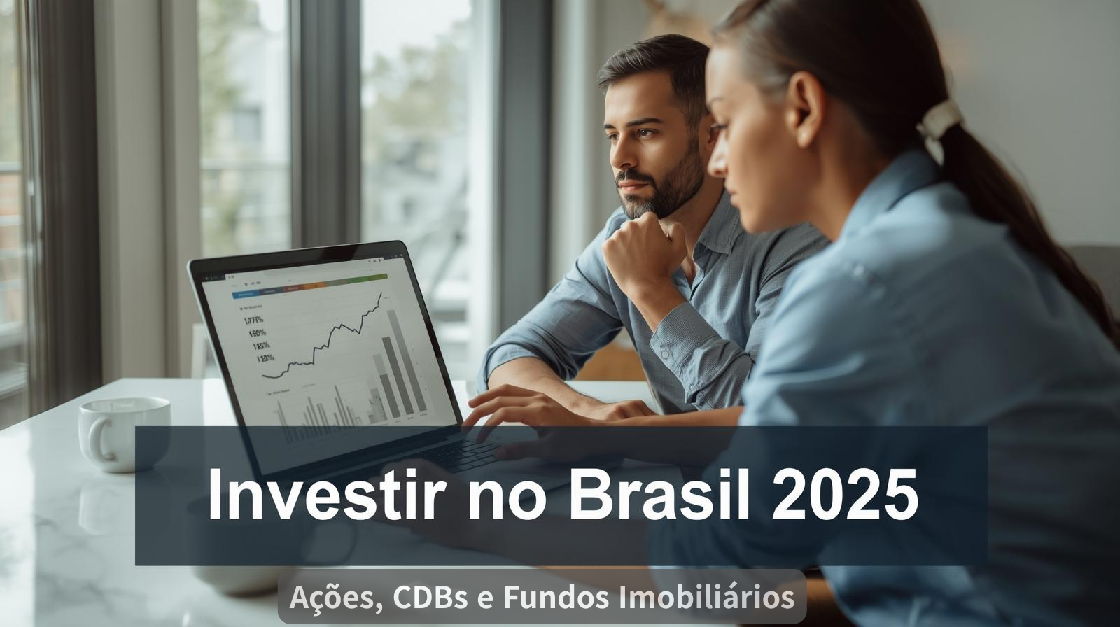 Casal brasileiro analisando gráficos de investimento em um laptop com xícaras de café sobre a mesa, com o texto “Investir no Brasil 2025 — Ações, CDBs e Fundos Imobiliários”, representando crescimento financeiro e planejamento de investimentos no Brasil.