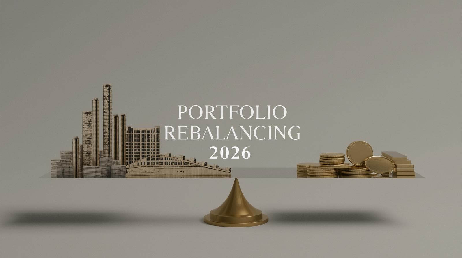 A balanced scale with stocks, bonds, and gold representing portfolio rebalancing strategies in 2026 volatile global markets