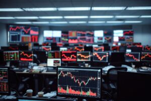 Empty trading floor with rows of monitors showing red price charts