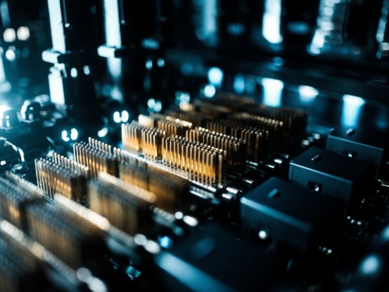 Server memory module with gold contacts reflecting blue LED light from AI data center rack