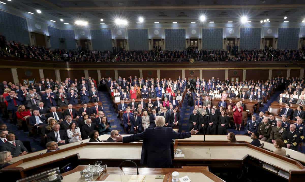 WASHINGTON, DC - FEBRUARY 24: U.S. President Donald Trump delivers the State of the Union address during a joint session of Congress at the Capitol on February 24, 2026 in Washington, DC. Trump delivered his address days after the Supreme Court struck down the administration's tariff strategy, and amid a U.S. military buildup in the Persian Gulf threatening Iran. (Photo by Jessica Koscielniak-Pool/Getty Images)