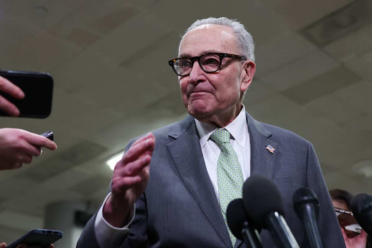 WASHINGTON, DC - MARCH 03: Senate Minority Leader Charles Schumer (D-NY) speaks to the media attending Congressional briefings on Iran at the U.S. Capitol on March 3, 2026 in Washington, DC. Trump administration Cabinet officials will be briefing all lawmakers in the House and Senate on U.S. and Israeli attacks on Iran. (Photo by Anna Moneymaker/Getty Images)