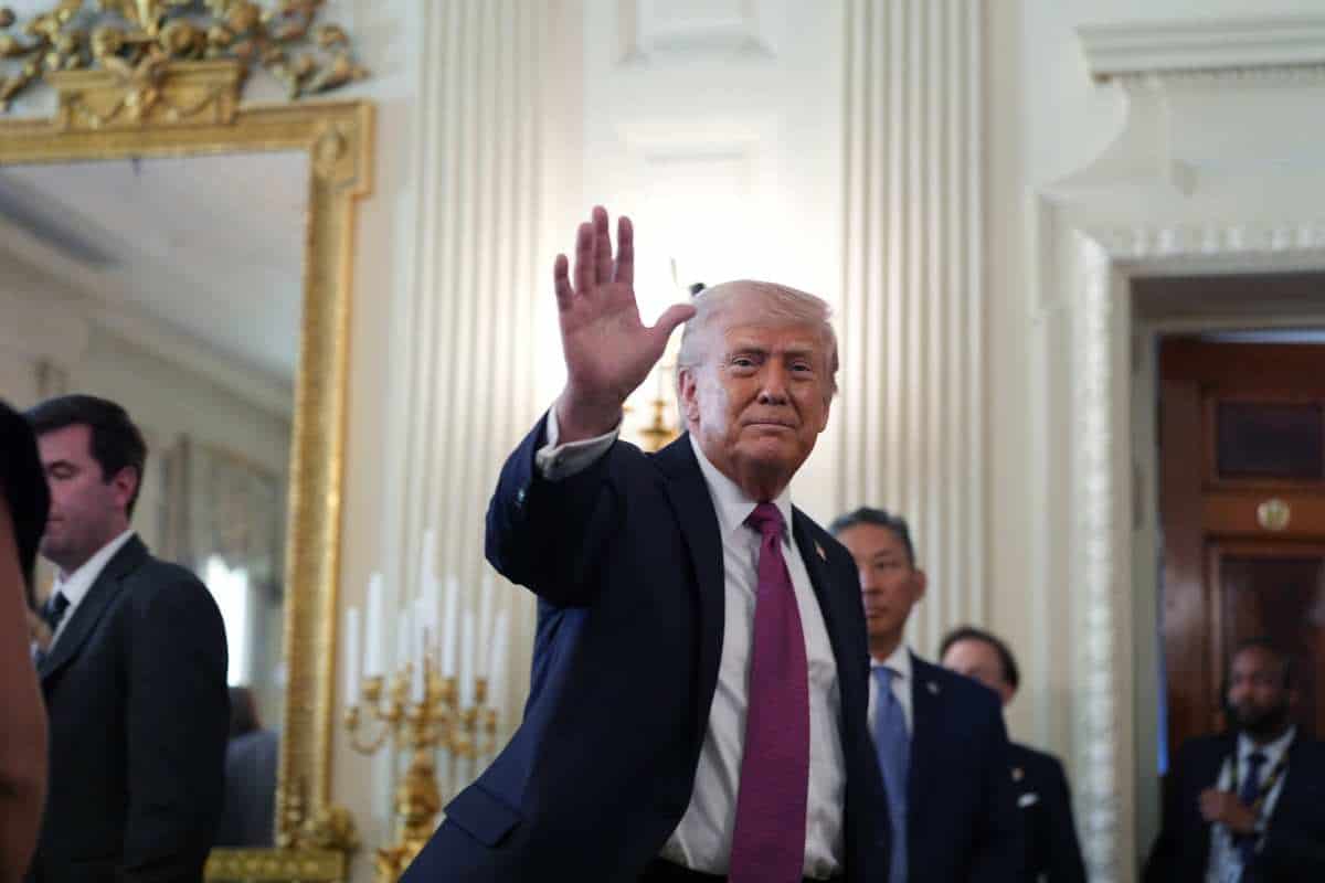 President Donald Trump departs an event for NCAA national champions in the State Dining Room of the White House, Tuesday, April 21, 2026, in Washington. (AP Photo/Alex Brandon)