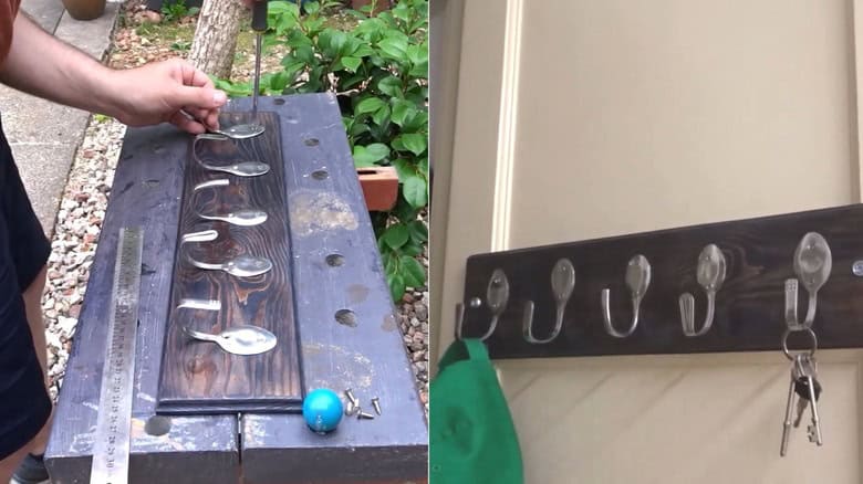 A DIY wall rack made using old utensils and scrap wood