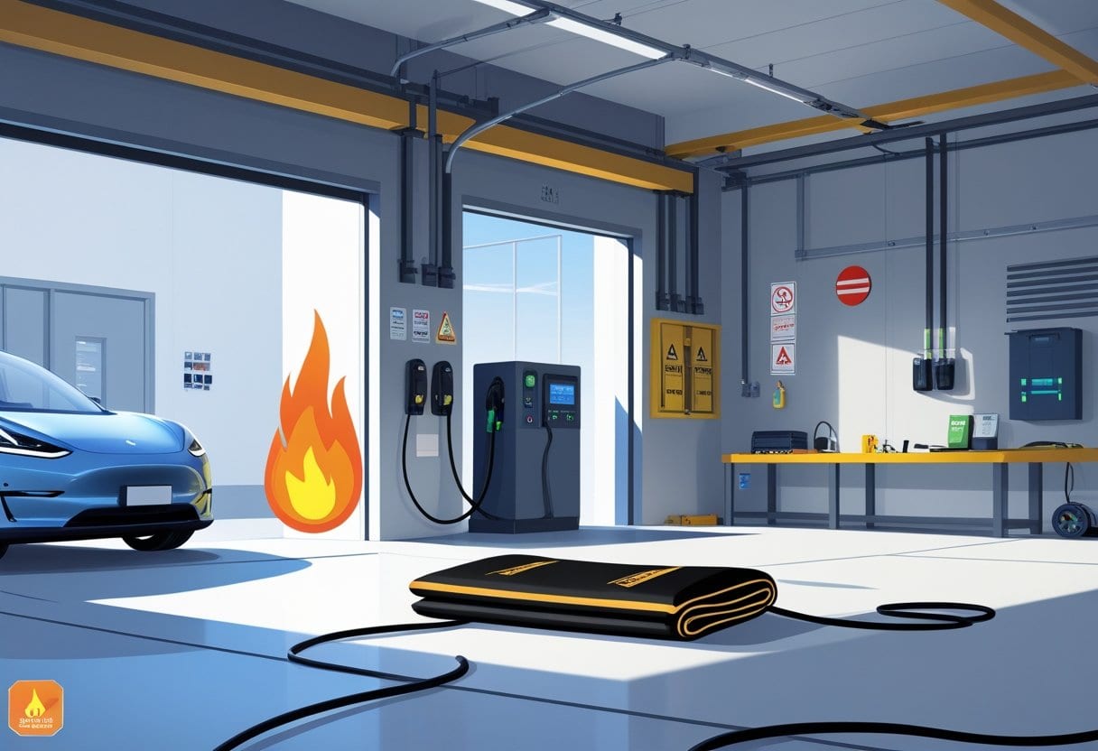 An electric vehicle garage showing a modern electric car charging and a lithium battery fire blanket mounted on the wall nearby, emphasizing fire safety equipment.