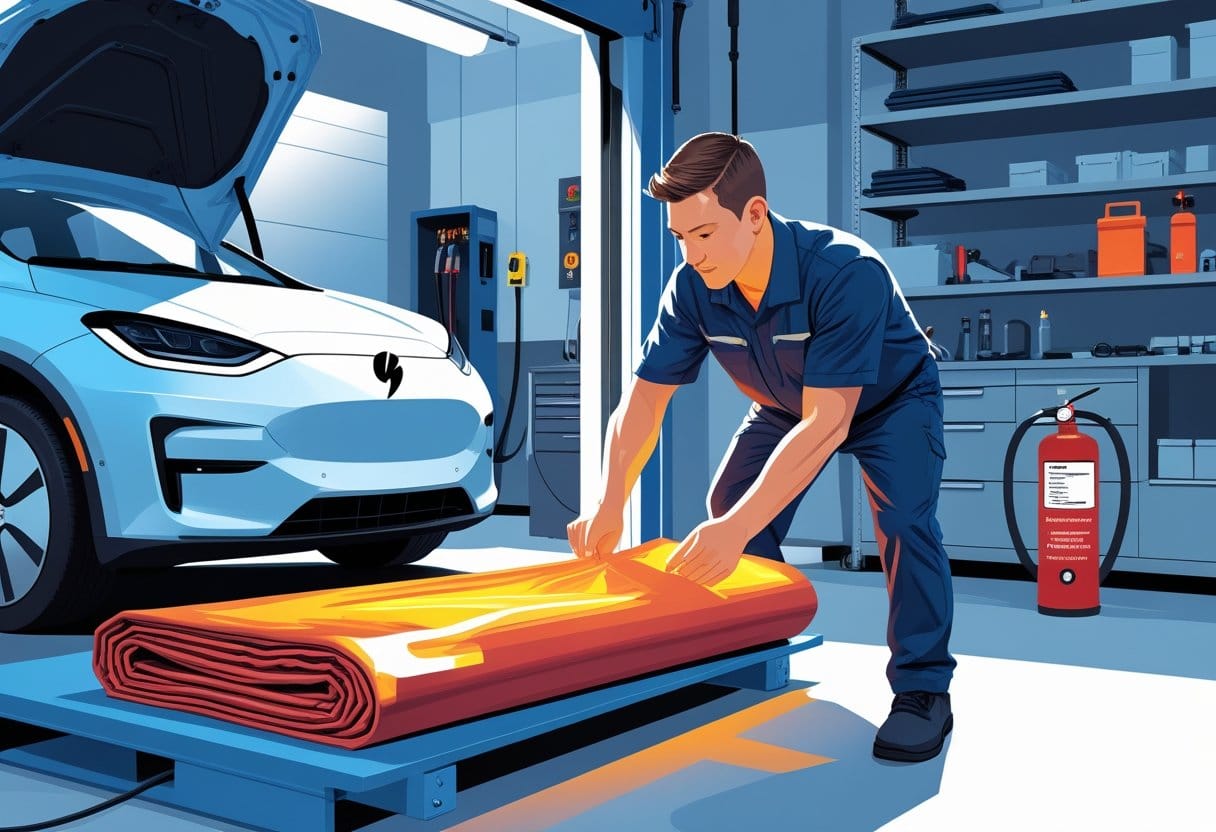 A mechanic in an electric vehicle garage selecting a lithium battery fire blanket near an open electric car hood surrounded by tools and safety equipment.