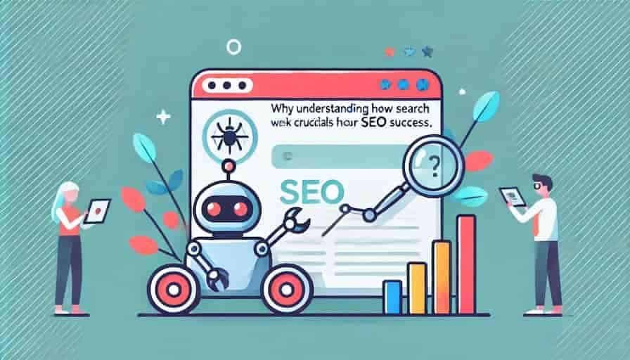 A minimal cartoon-style illustration showing the importance of understanding how search engines work for SEO success. The image includes a search engine interface, a robotic crawler, and a simple upward ranking graph in a clean and vibrant design. It emphasizes the connection between search engines and SEO with focused visuals.