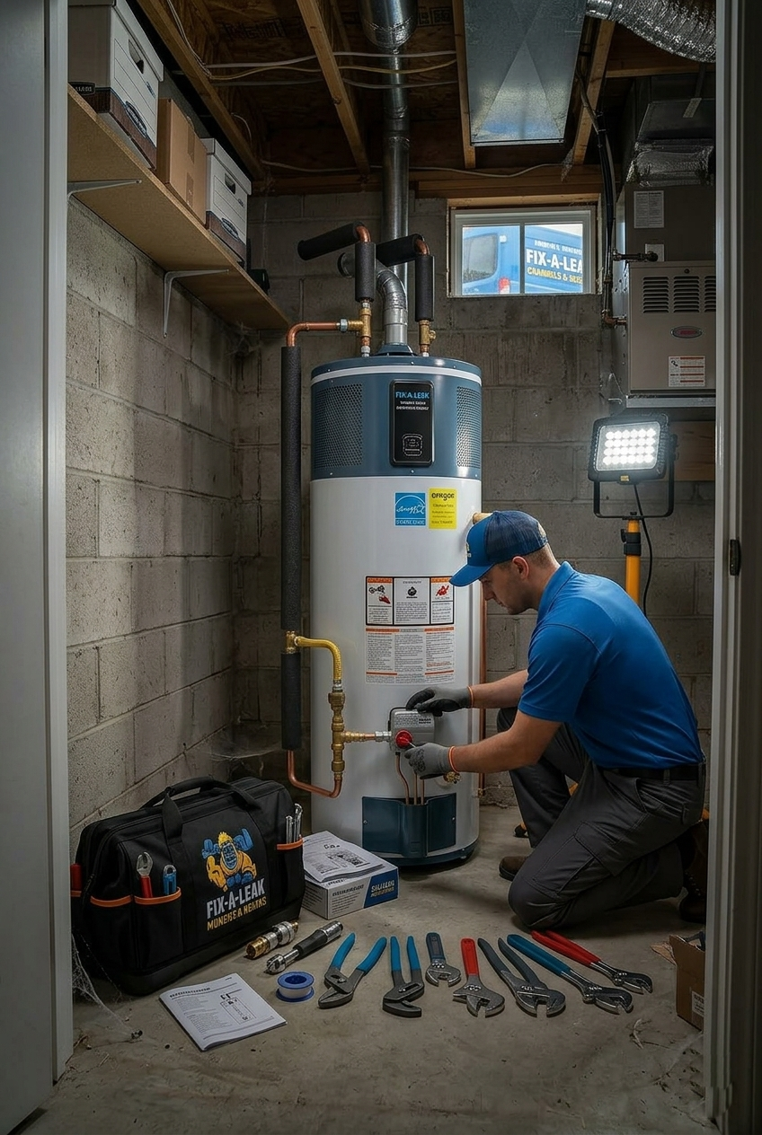 Fix-A-Leak-Plumber-Installing-Basement-Water-Heater-Unit