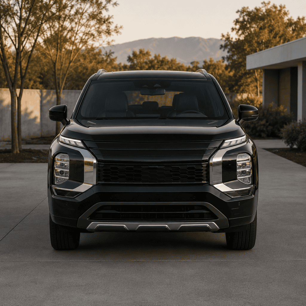 black Mitsubishi Outlander PHEV SUV in modern landscape