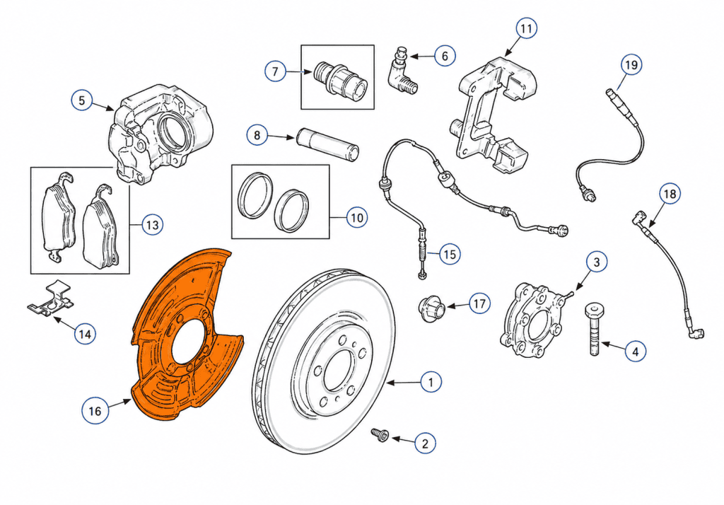 Exploded view of brake assembly BMW