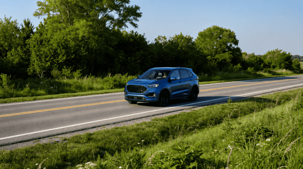 Blue Ford Edge ST SUV on rural highway