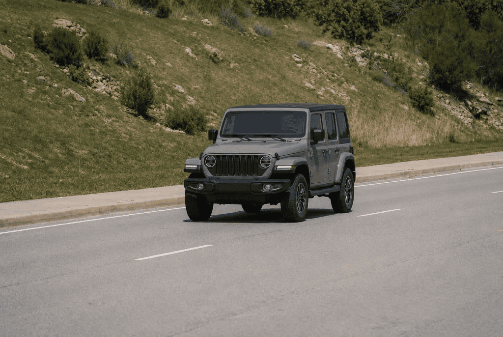 Jeep Wrangler SUV on quiet suburban roadside