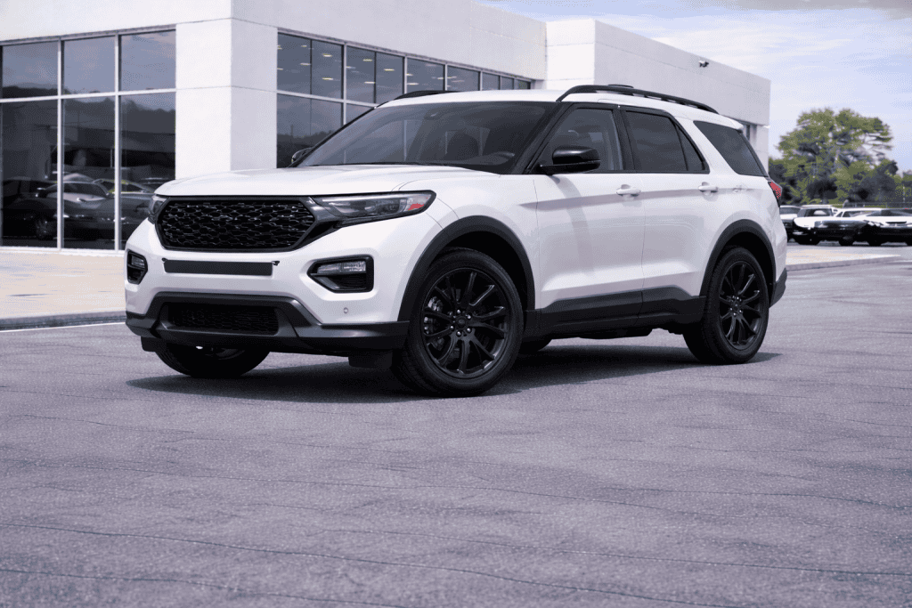 Sleek white Ford Explorer at dealership
