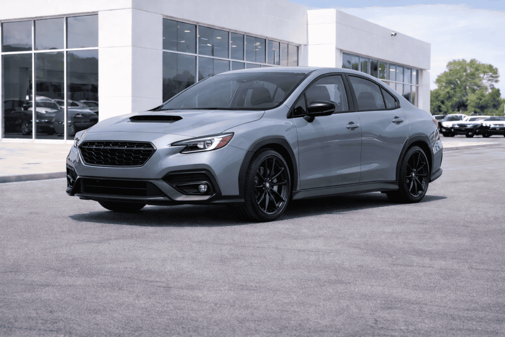 Subaru WRX outside modern dealership