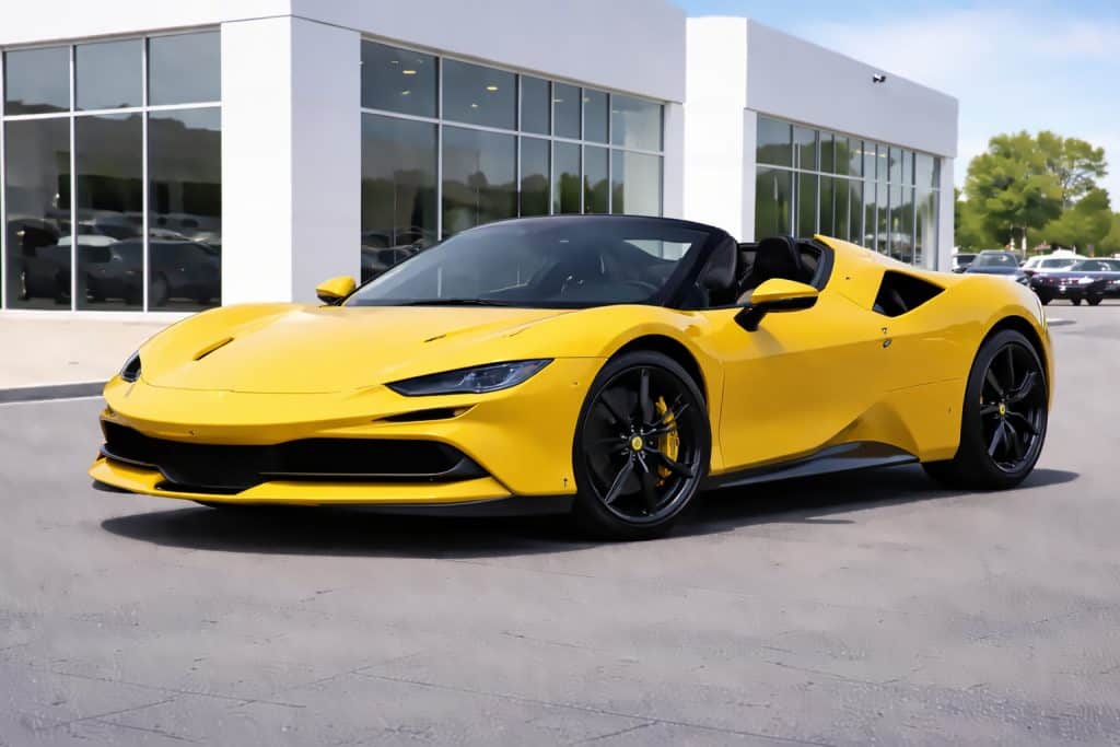 Yellow Ferrari SF90 Spider in showroom_
