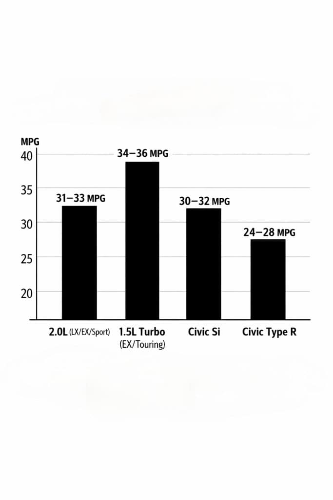 Vertical bar chart comparing MPG for Honda Civic engines, showing the 1.5L turbo as most efficient and the Type R as lowest.
