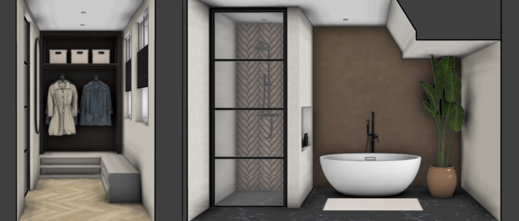 3D tekening van een moderne badkamer met vrijstaand bad en aansluitende garderobe met maatwerk kasten – Floow Visuals