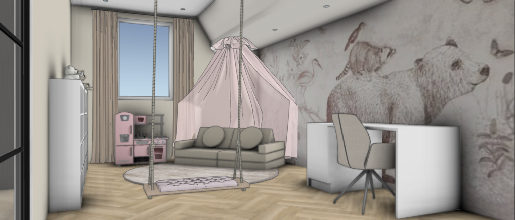 3D interieurvisualisatie van een stijlvolle kinderkamer met speelhoek, tipi-tent, bureau en zachte roze tinten – Floow Visuals