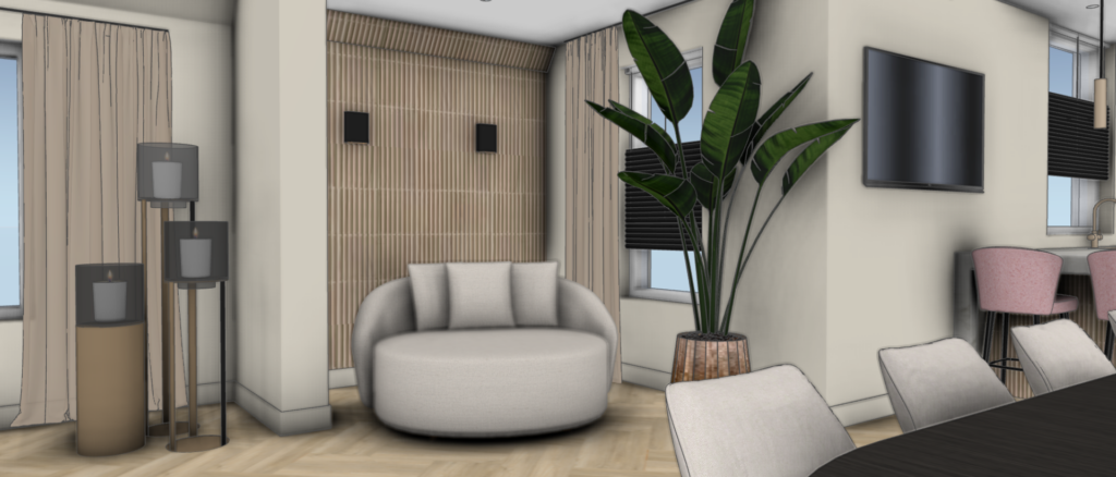 3D interieurvisualisatie van een hotel chique zitcorner met ronde fauteuil, houten wandpaneel en moderne verlichting – Floow Visuals