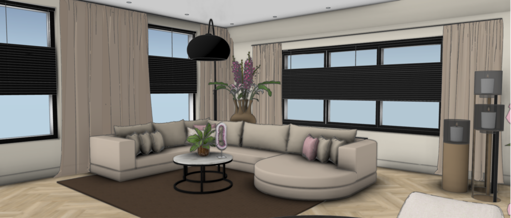 3D interieurvisualisatie van een hotel chique zithoek met ronde hoekbank, zwarte jaloezieën en zachte naturel tinten – Floow Visuals