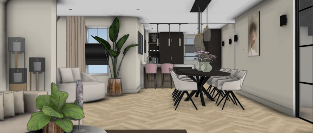 3D interieurvisualisatie van een hotel chique woonkamer en eetkamer met donkere keuken, visgraatvloer en modern interieurontwerp – Floow Visuals