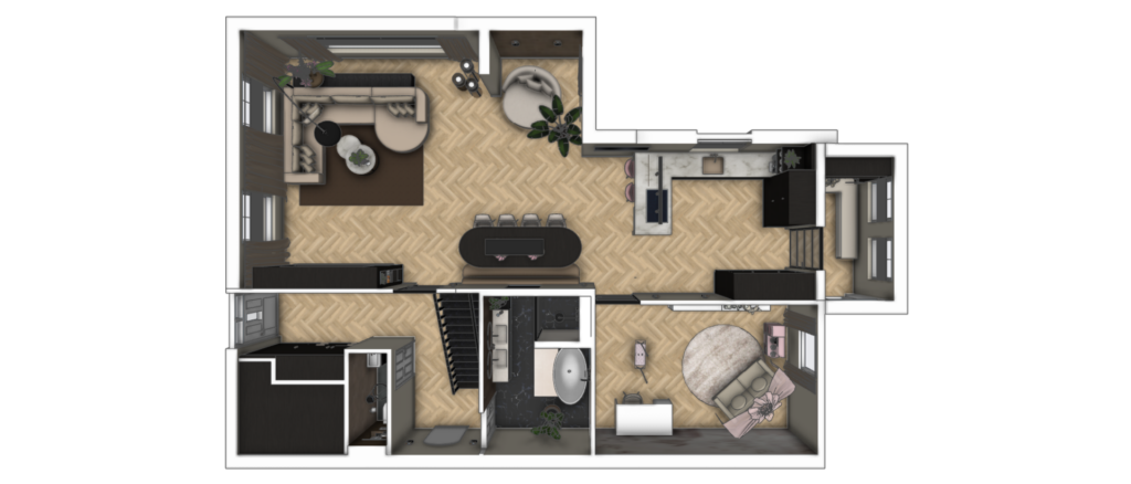 Gedetailleerde 3D plattegrond van een woonboerderij met complete indelingsplan: woonkamer, keuken, eetkamer, badkamer en kinderkamer – Floow Visuals