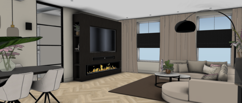 3D interieurdesign van een moderne woonkamer met inbouwhaard, donkere tv-wand en luxe zithoek – Floow Visuals