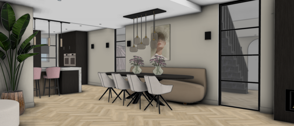 3D interieurvisualisatie van een luxe hotel chique eetkamer met ovale eettafel, designstoelen en stalen deuren – Floow Visuals