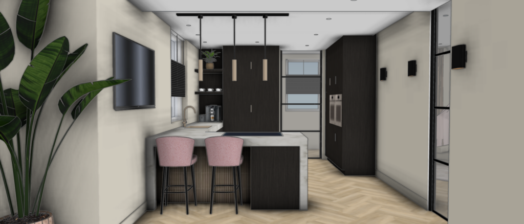 3D interieurvisualisatie van een moderne donkerbruine keuken met kookeiland, barstoelen en stijlvolle verlichting – Floow Visuals