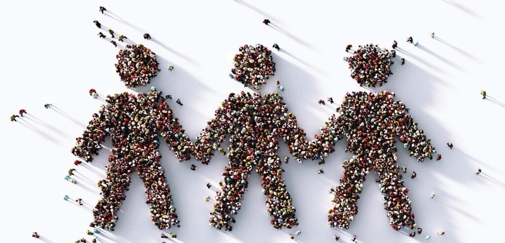 Artistic representation of three figures composed of multiple people, symbolizing the unity of CRAA and COTA in combating human trafficking.