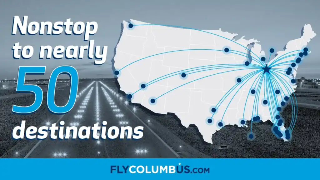 Nonstop to nearly 50 destinations route map graphic.