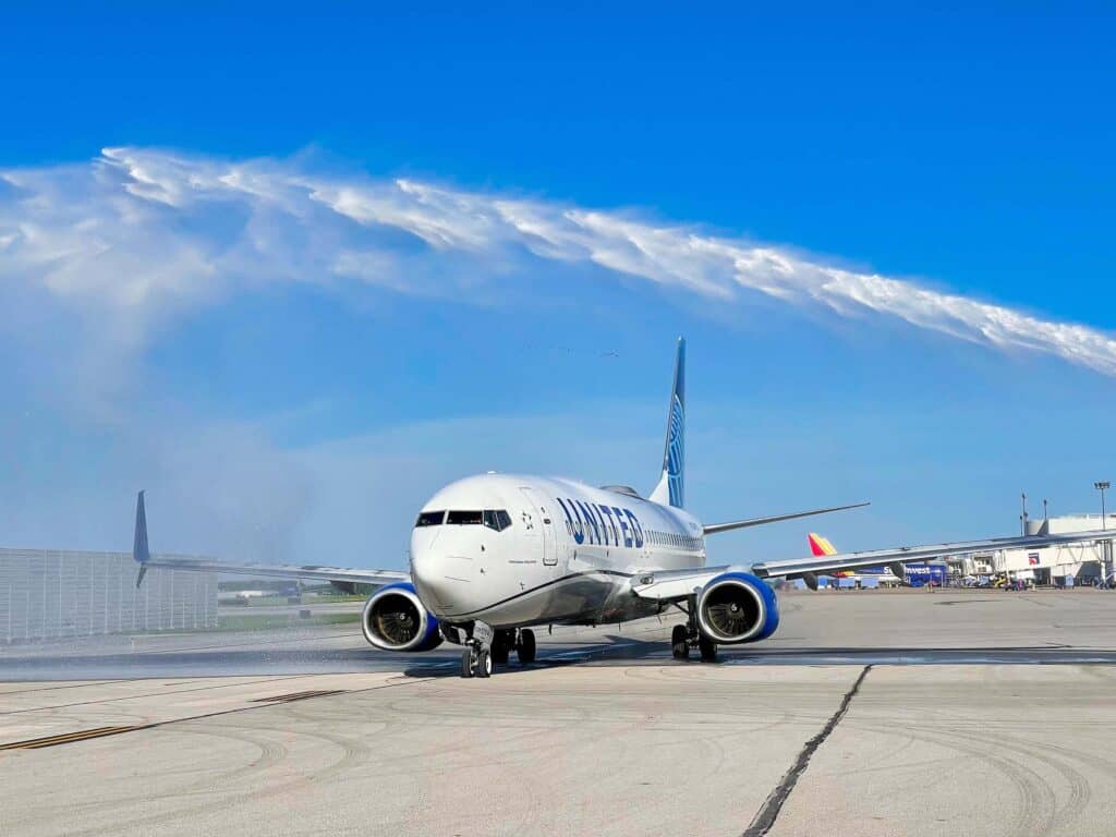 Water cannon salute for a United Airplane taxing on the ramp at CMH airport.