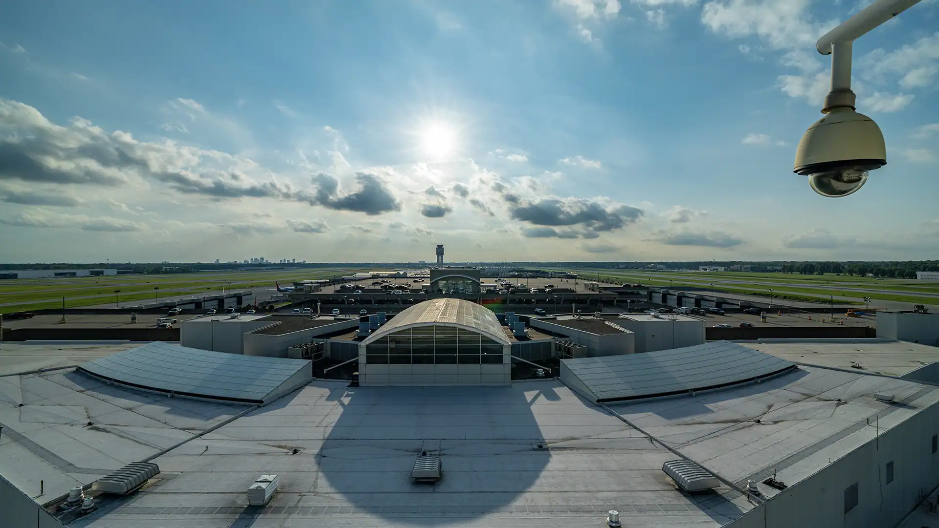 A security camera is installed on top of a building belonging to the Columbus Regional Airport Authority (CRAA).