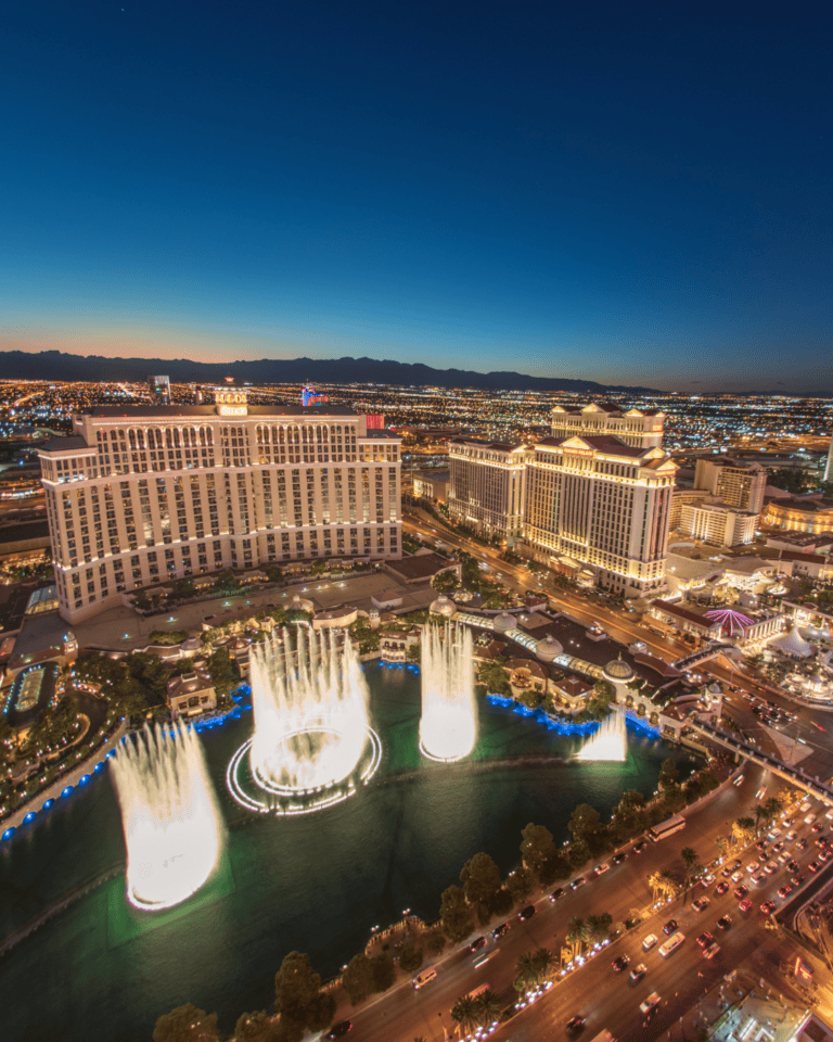 The Las Vegas strip from above at dusk.