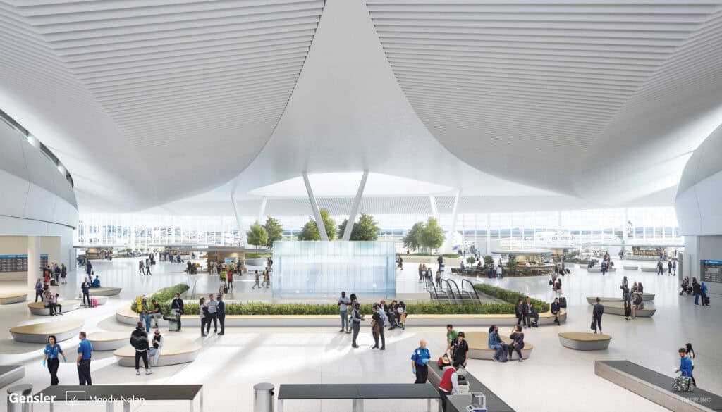 Interior rendering of a modern, spacious airport terminal designed by Gensler, featuring high ceilings, natural light, and numerous travelers engaging in various activities.