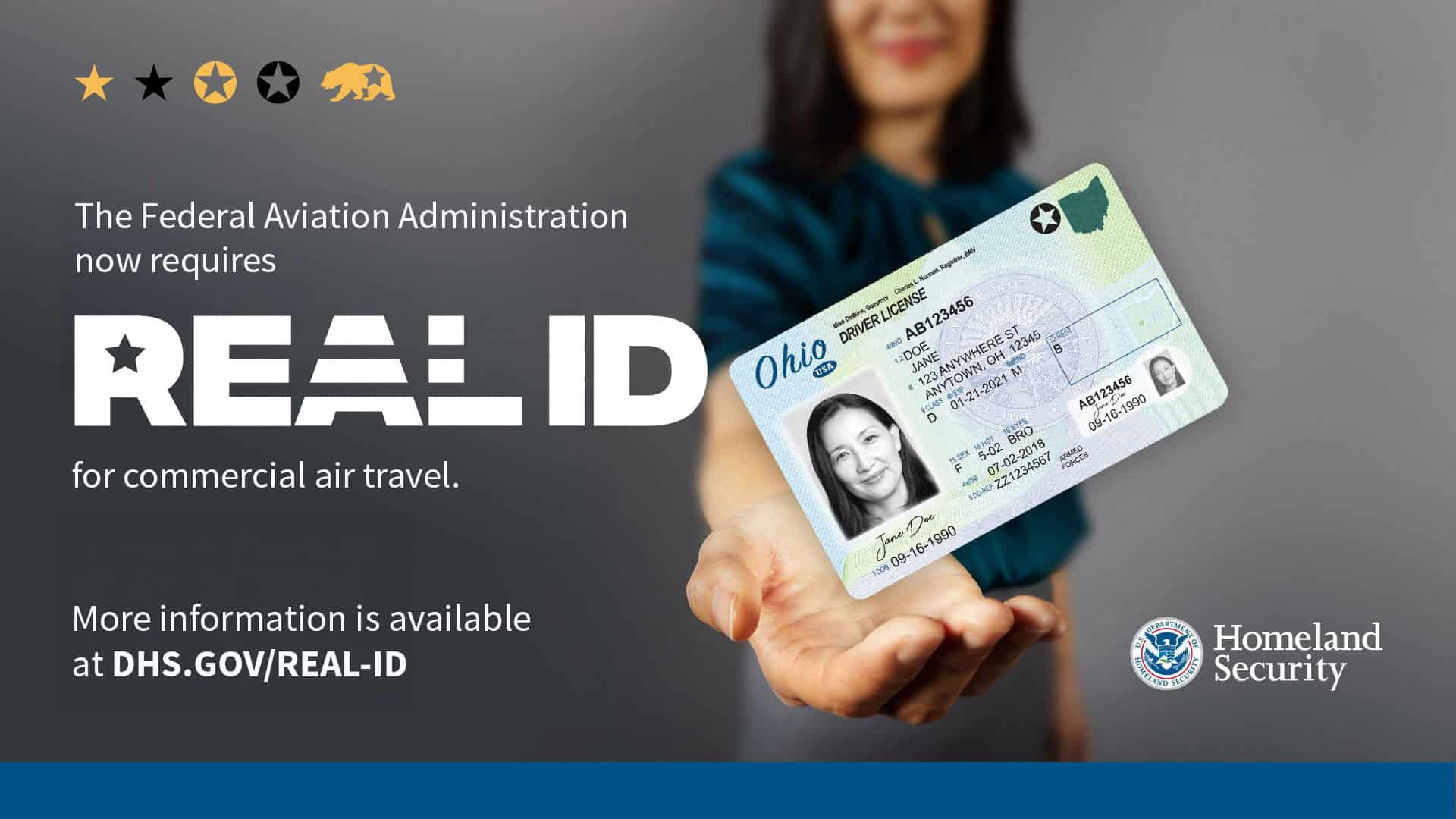 Promotional image for REAL ID featuring a person holding out a REAL ID card, with text stating the Federal Aviation Administration now requires REAL ID for commercial air travel. More information at DHS.GOV/REAL-ID. Logos of Homeland Security included.